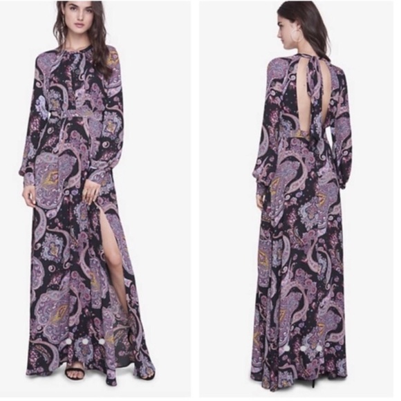 Express Black and Purple Paisley Long Sleeve Maxi Dress - Picture 1 of 15